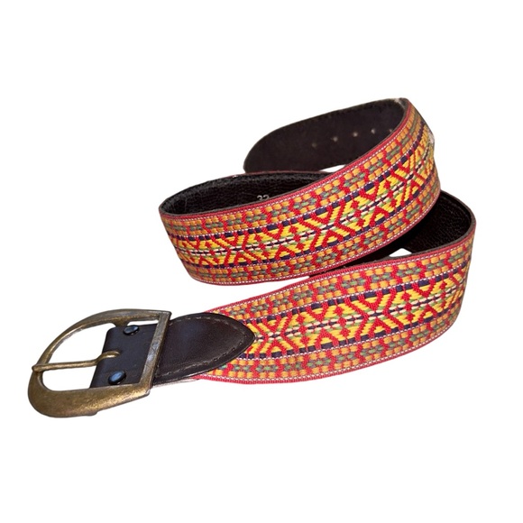 Vintage Accessories - Vintage 70’s Woven Guitar Strap Leather Belt Brass Buckle Embroidered